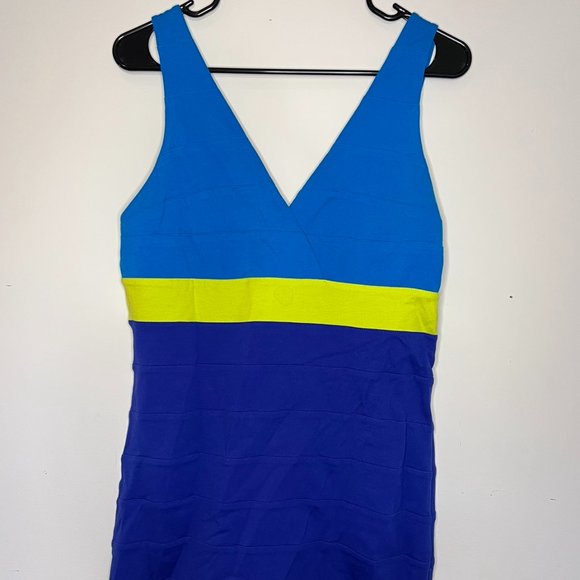 Express Bodycon Dress Color Block Blue Hidden Zip Heavy Fabric Size L - Picture 1 of 4